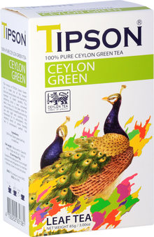 Opakowanie herbaty Tipson Ceylon Green z kolorowym motywem pawia.