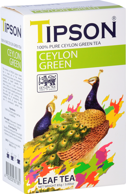 Opakowanie herbaty Tipson Ceylon Green z kolorowym motywem pawia.