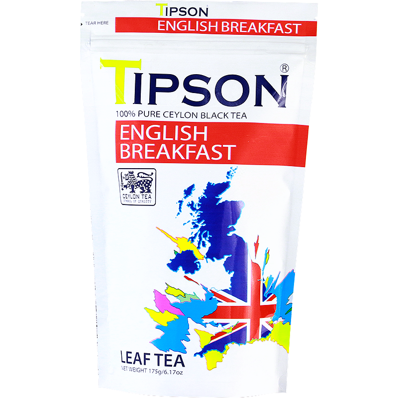 Opakowanie herbaty Tipson English Breakfast z kolorową mapą Wielkiej Brytanii i logo Ceylon Tea.