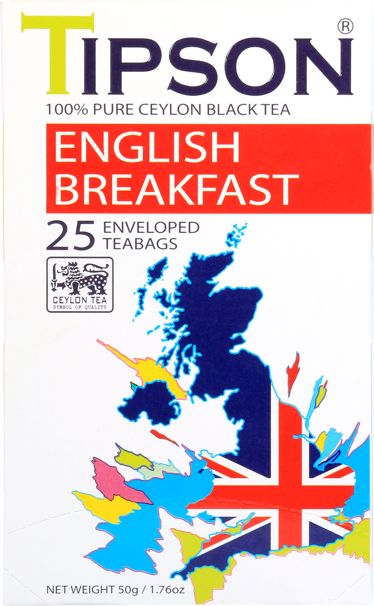 Opakowanie herbaty Tipson English Breakfast z kolorową mapą Wielkiej Brytanii i flagą Union Jack.