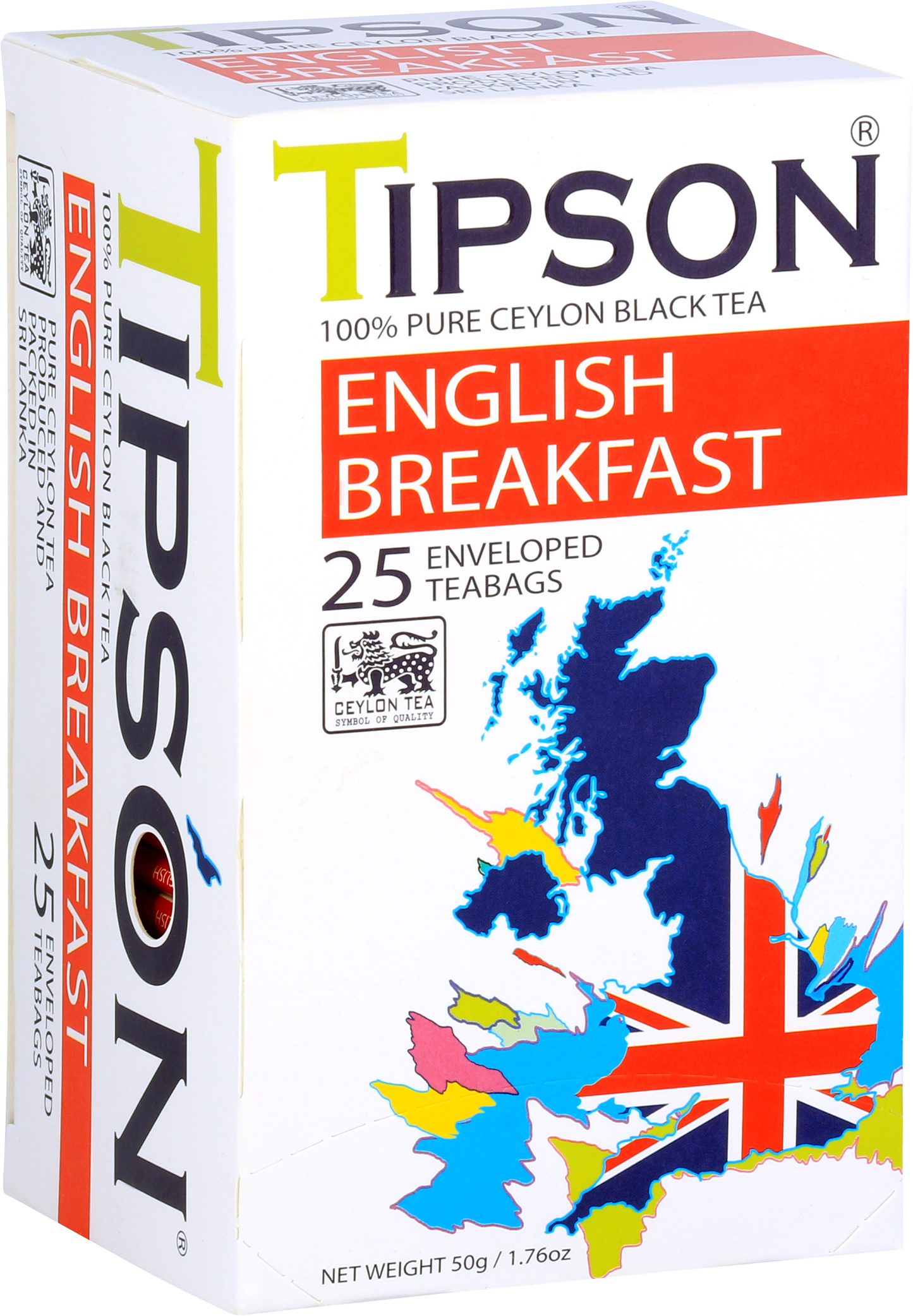 Perspektywiczny widok herbaty Tipson English Breakfast z mapą w brytyjskich barwach.