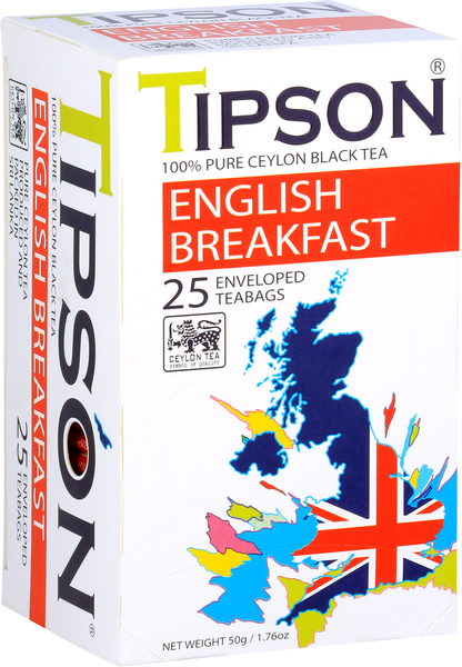 Perspektywiczny widok herbaty Tipson English Breakfast z mapą w brytyjskich barwach.