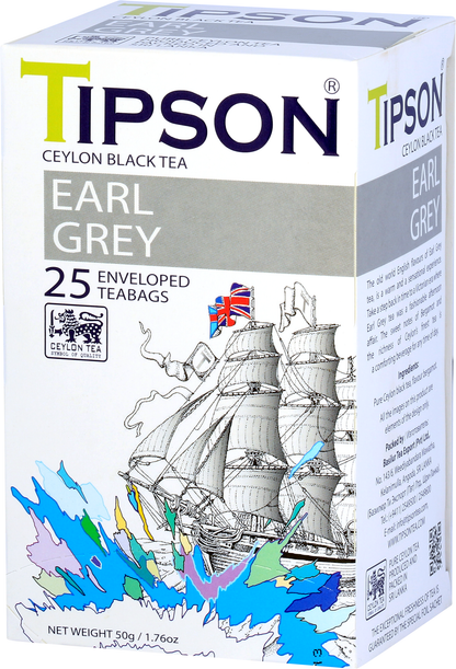 Perspektywiczny widok pudełka Tipson Earl Grey z klasycznym designem.