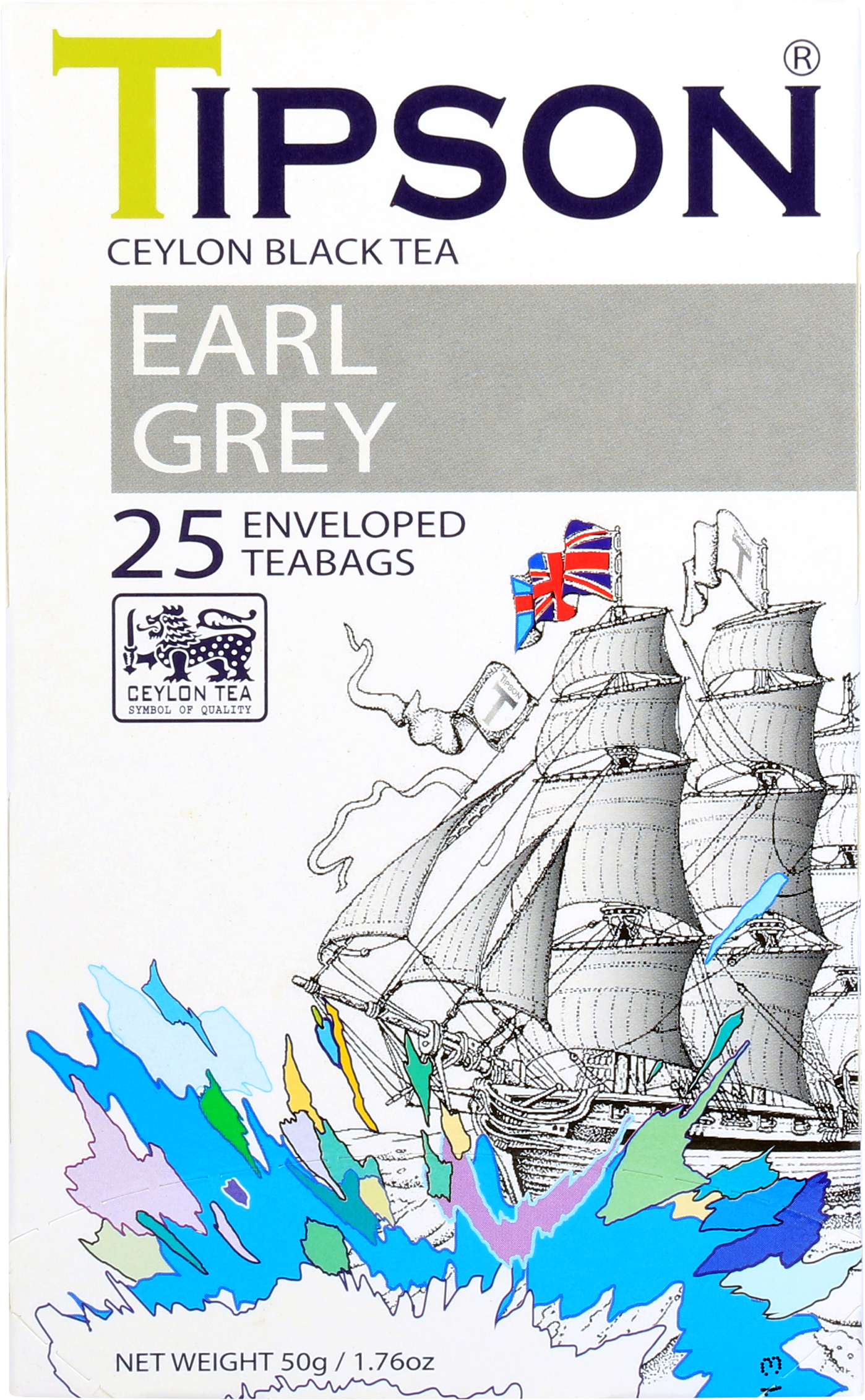 Opakowanie herbaty Tipson Earl Grey z motywem żaglowca i flagą brytyjską.