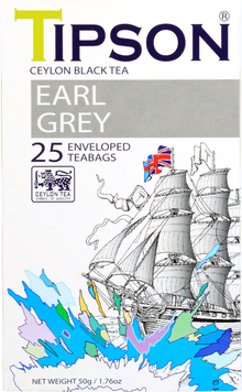 Opakowanie herbaty Tipson Earl Grey z motywem żaglowca i flagą brytyjską.
