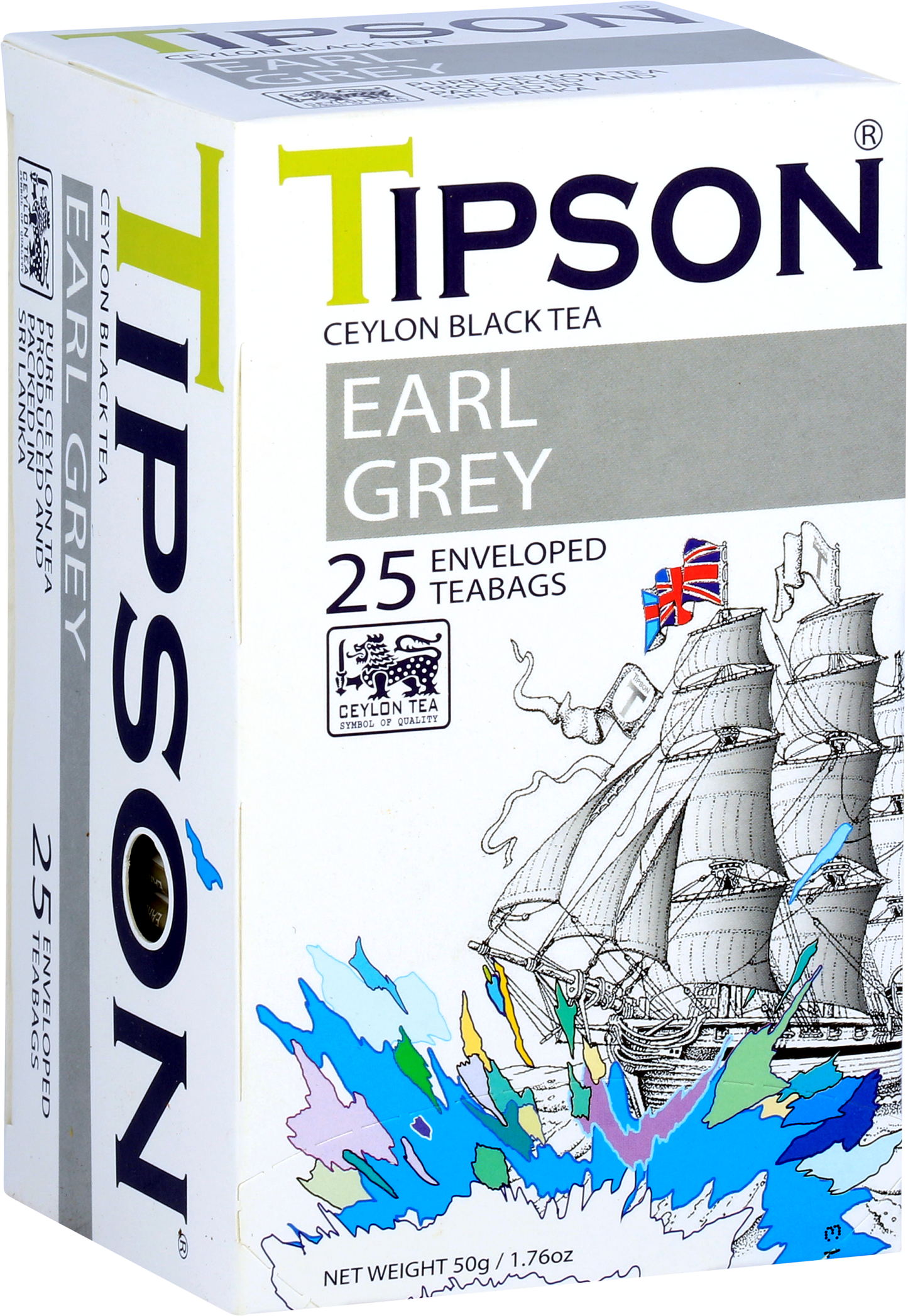 Boczny widok pudełka Tipson Earl Grey z logo Ceylon Tea i opisem produktu.