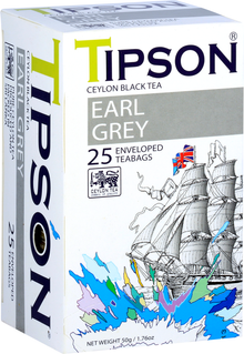 Boczny widok pudełka Tipson Earl Grey z logo Ceylon Tea i opisem produktu.