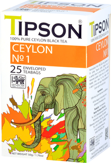 Boczny widok pudełka Tipson Ceylon No.1 z logo Ceylon Tea i opisem produktu.