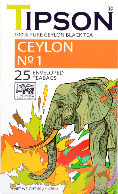Opakowanie herbaty Tipson Ceylon No.1 z ilustracją kolorowego słonia.