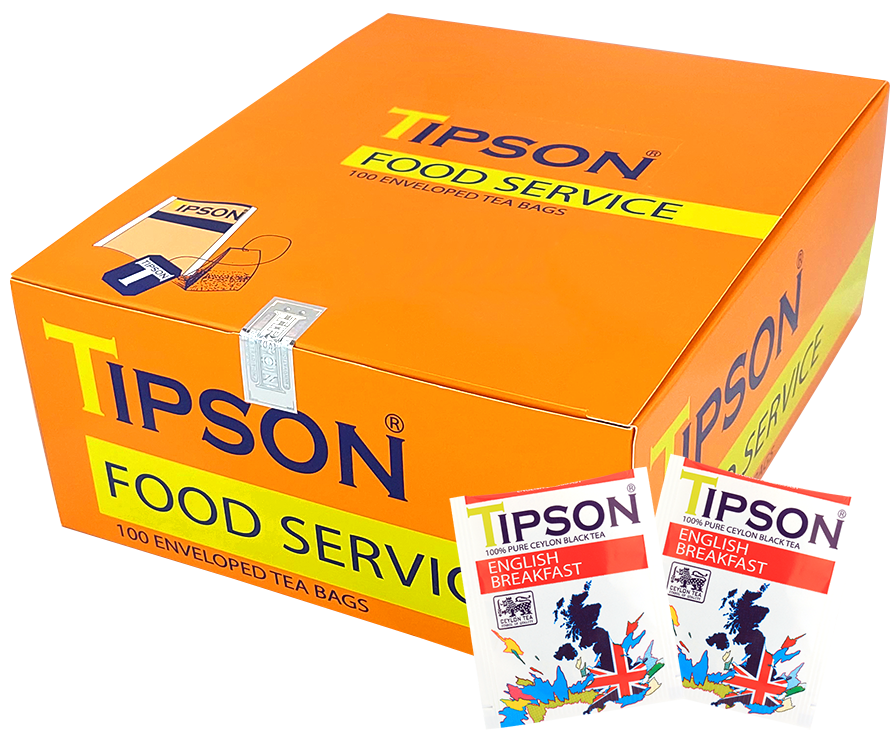 Opakowanie Tipson English Breakfast w formacie food service oraz dwie pojedyncze saszetki czarnej herbaty cejlońskiej.