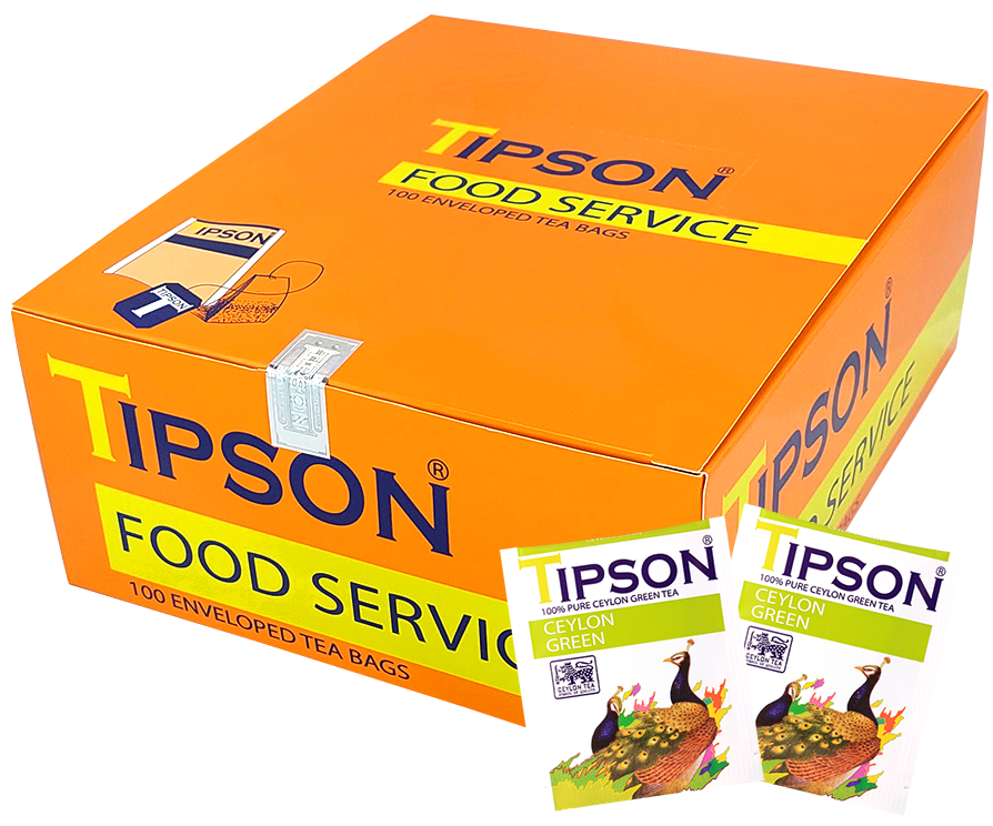 Pudełko Tipson Ceylon Green oraz dwie saszetki zielonej herbaty cejlońskiej, zestaw idealny dla gastronomii i biur