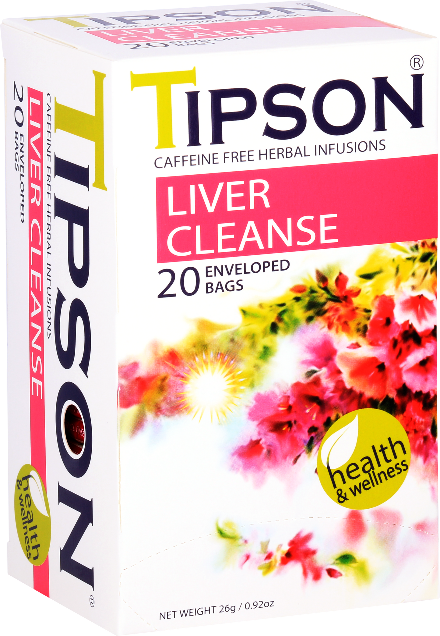 Opakowanie herbaty Tipson Liver Cleanse z kolorową grafiką kwiatową i logo Health & Wellness.