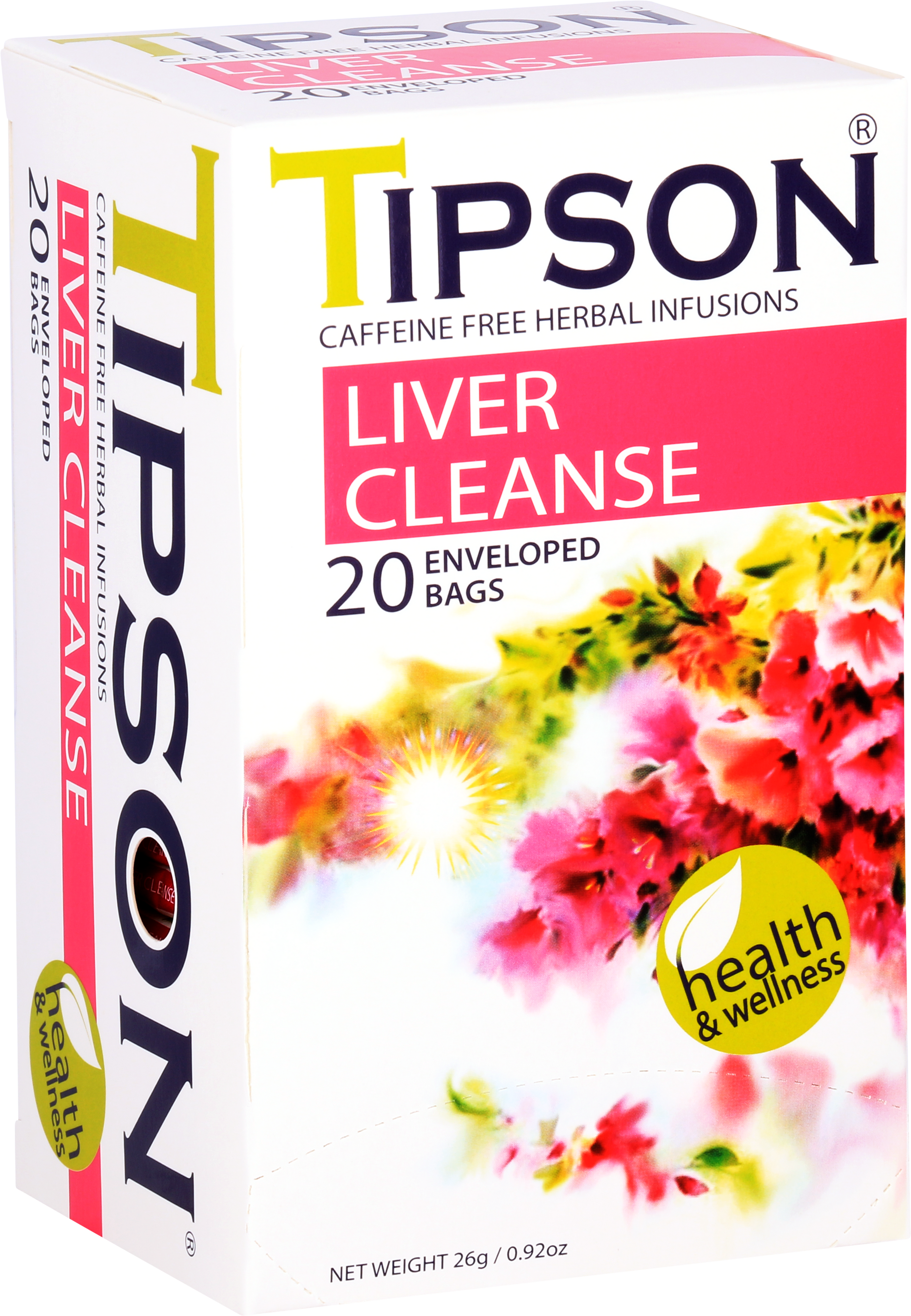 Opakowanie herbaty Tipson Liver Cleanse z kolorową grafiką kwiatową i logo Health & Wellness.
