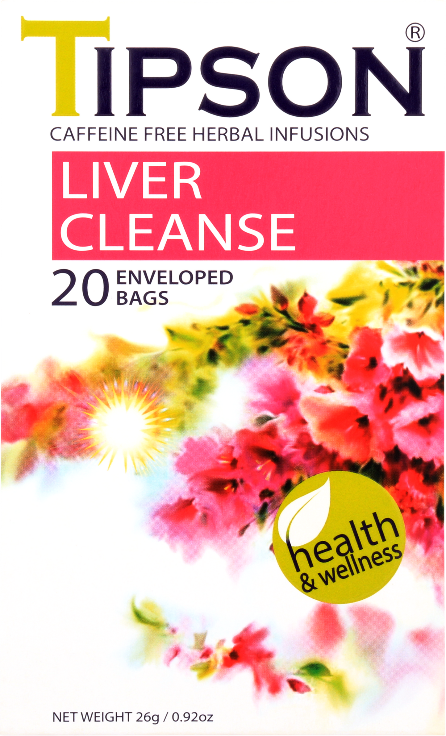 Opakowanie herbaty Tipson Liver Cleanse z kolorową grafiką kwiatową i logo Health & Wellness.