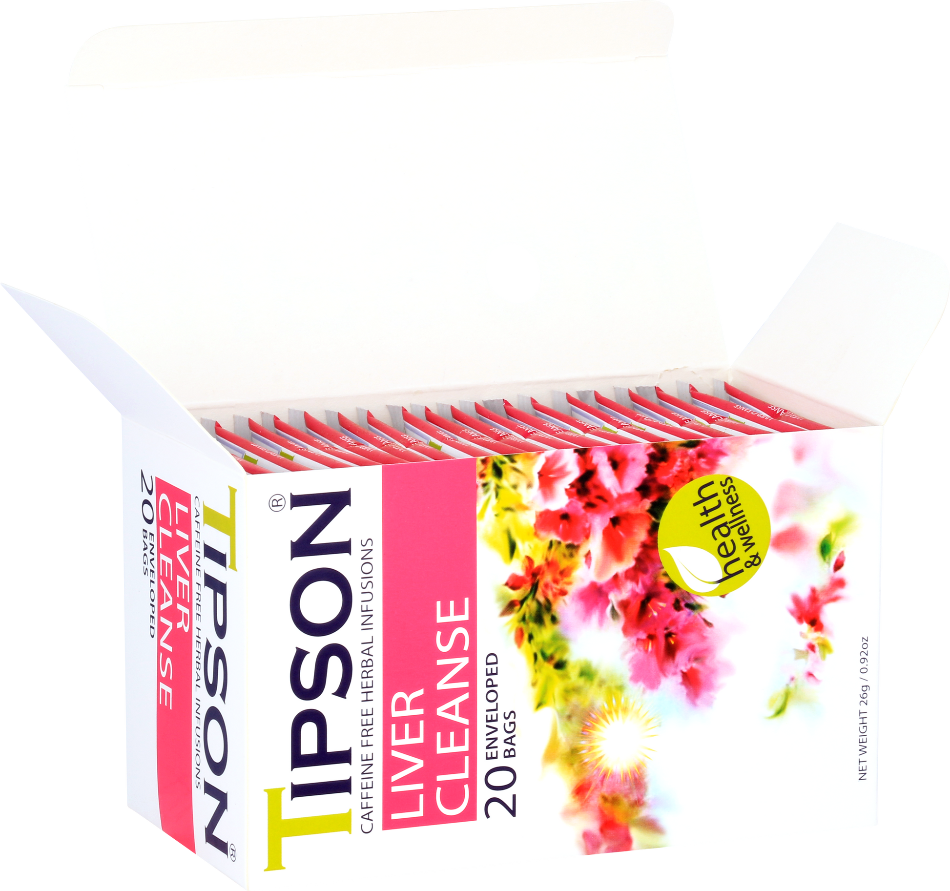 Otwarte pudełko z saszetkami herbaty Tipson Liver Cleanse wspomagającej detoks.