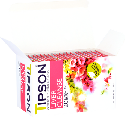 Otwarte pudełko z saszetkami herbaty Tipson Liver Cleanse wspomagającej detoks.
