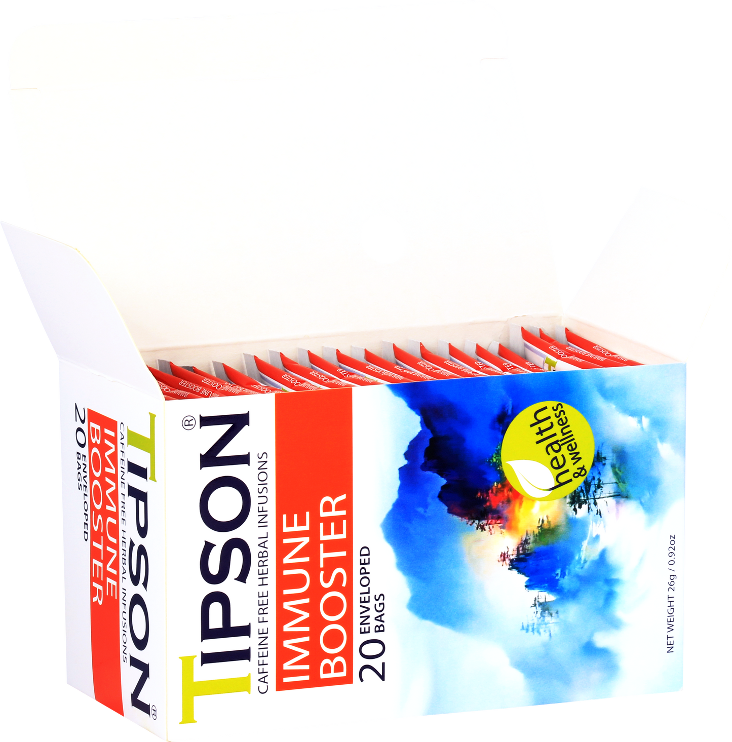 Otwarte pudełko z saszetkami herbaty Tipson Immune Booster wspomagającej odporność.