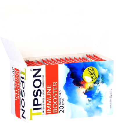 Otwarte pudełko z saszetkami herbaty Tipson Immune Booster wspomagającej odporność.