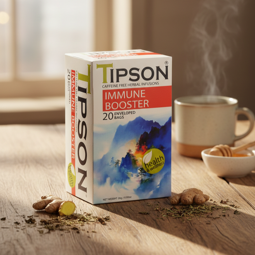Opakowanie herbaty Tipson Immune Booster na drewnianym stole, obok imbir, zioła i kubek gorącego naparu z parą.