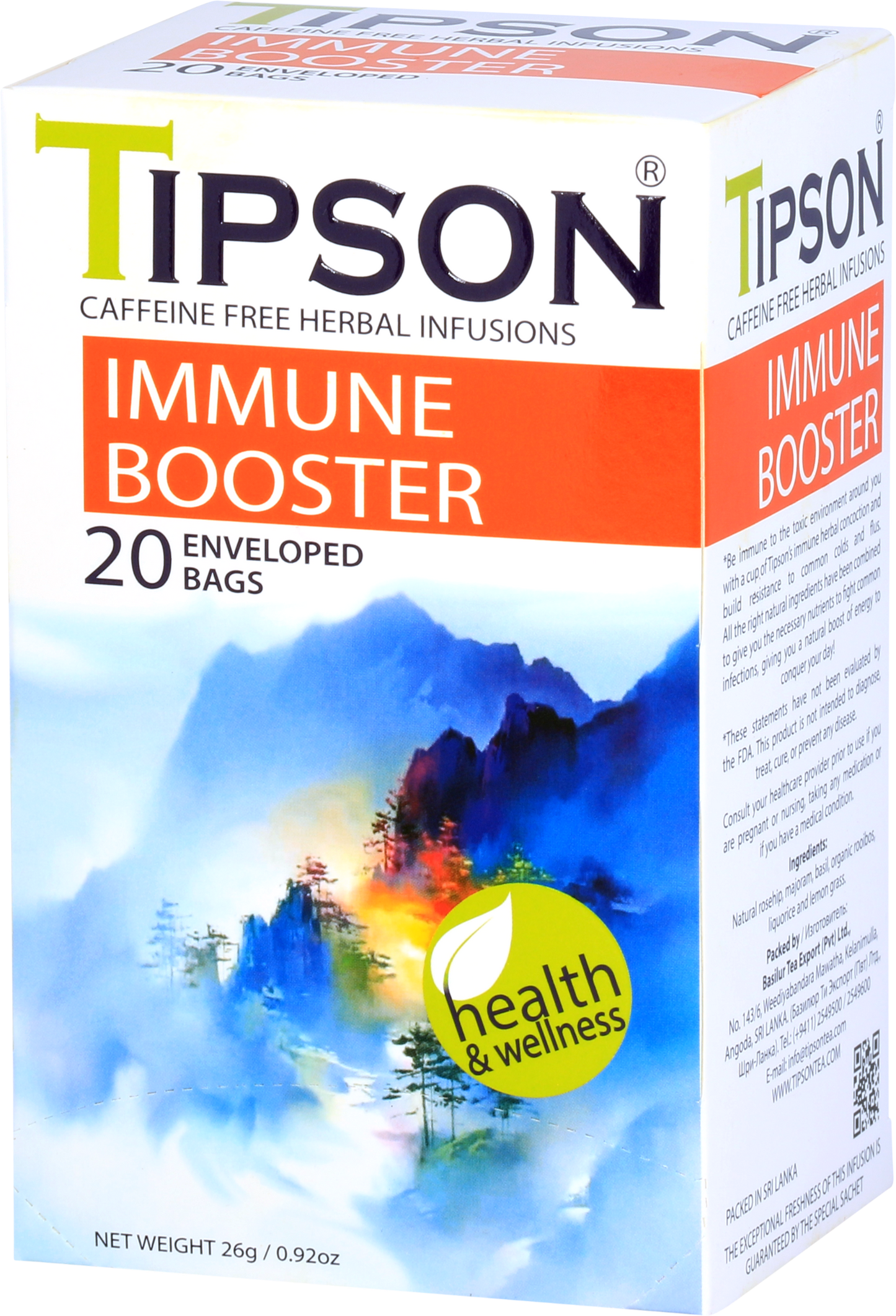Bok opakowania herbaty Tipson Immune Booster z oznaczeniem Health & Wellness.
