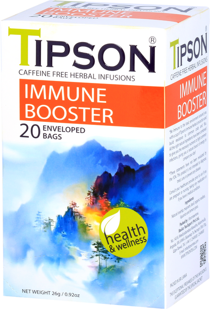 Bok opakowania herbaty Tipson Immune Booster z oznaczeniem Health & Wellness.