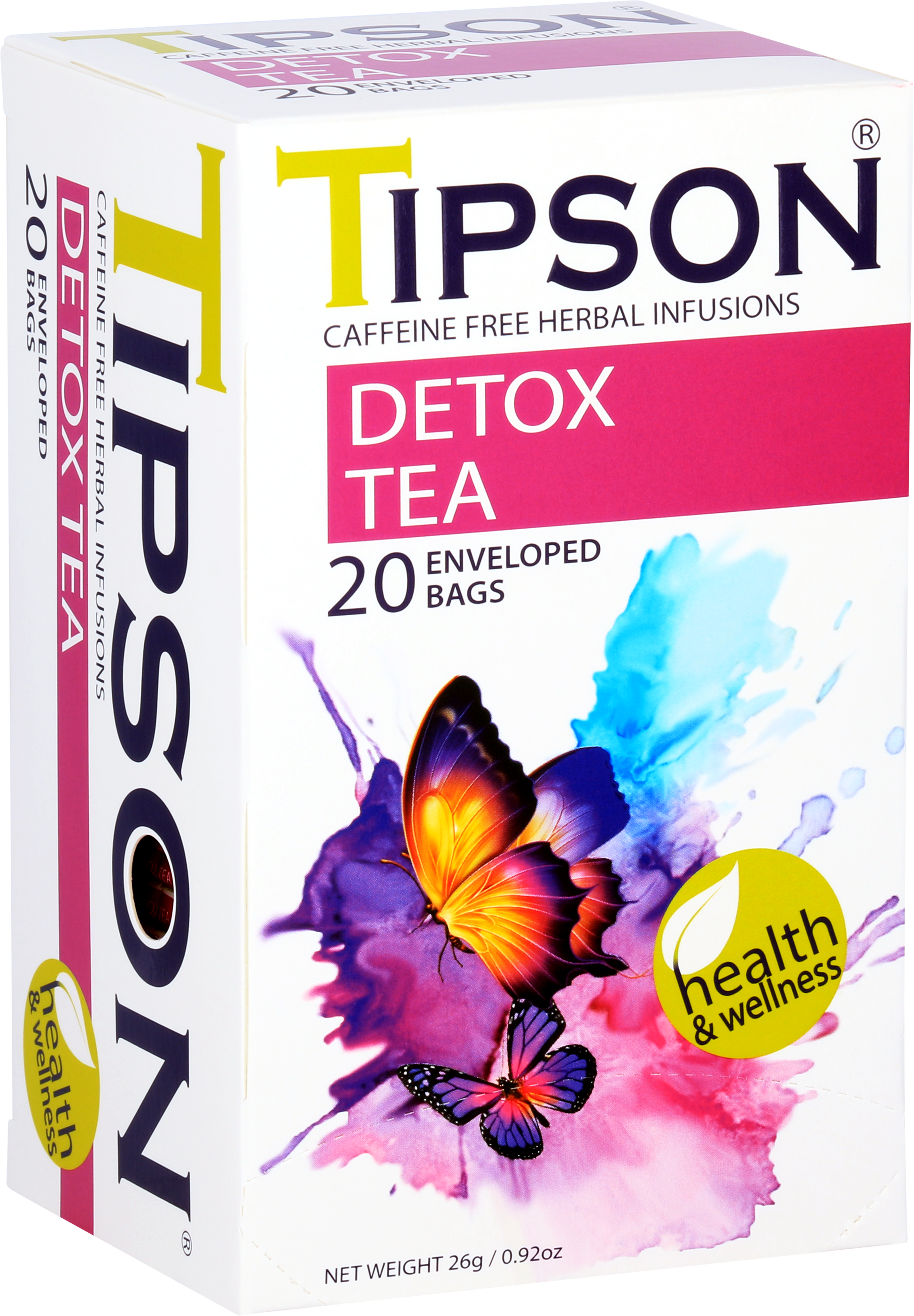 Opakowanie herbaty Tipson Detox Tea z kolorowymi motylami i logo Health & Wellness.
