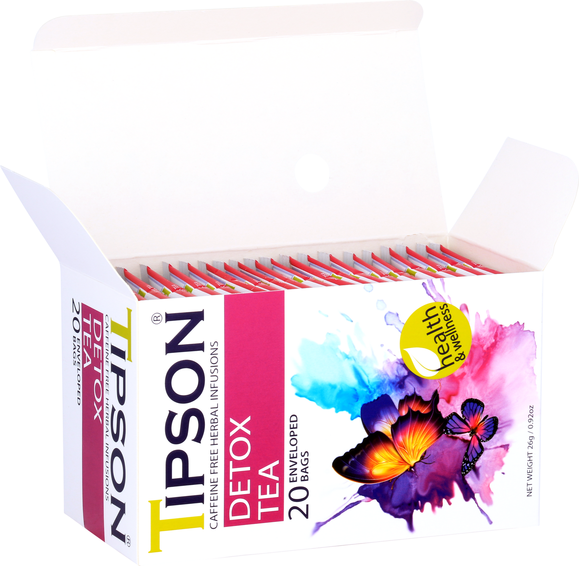 Otwarte pudełko z saszetkami herbaty Tipson Detox Tea o działaniu detoksykującym.