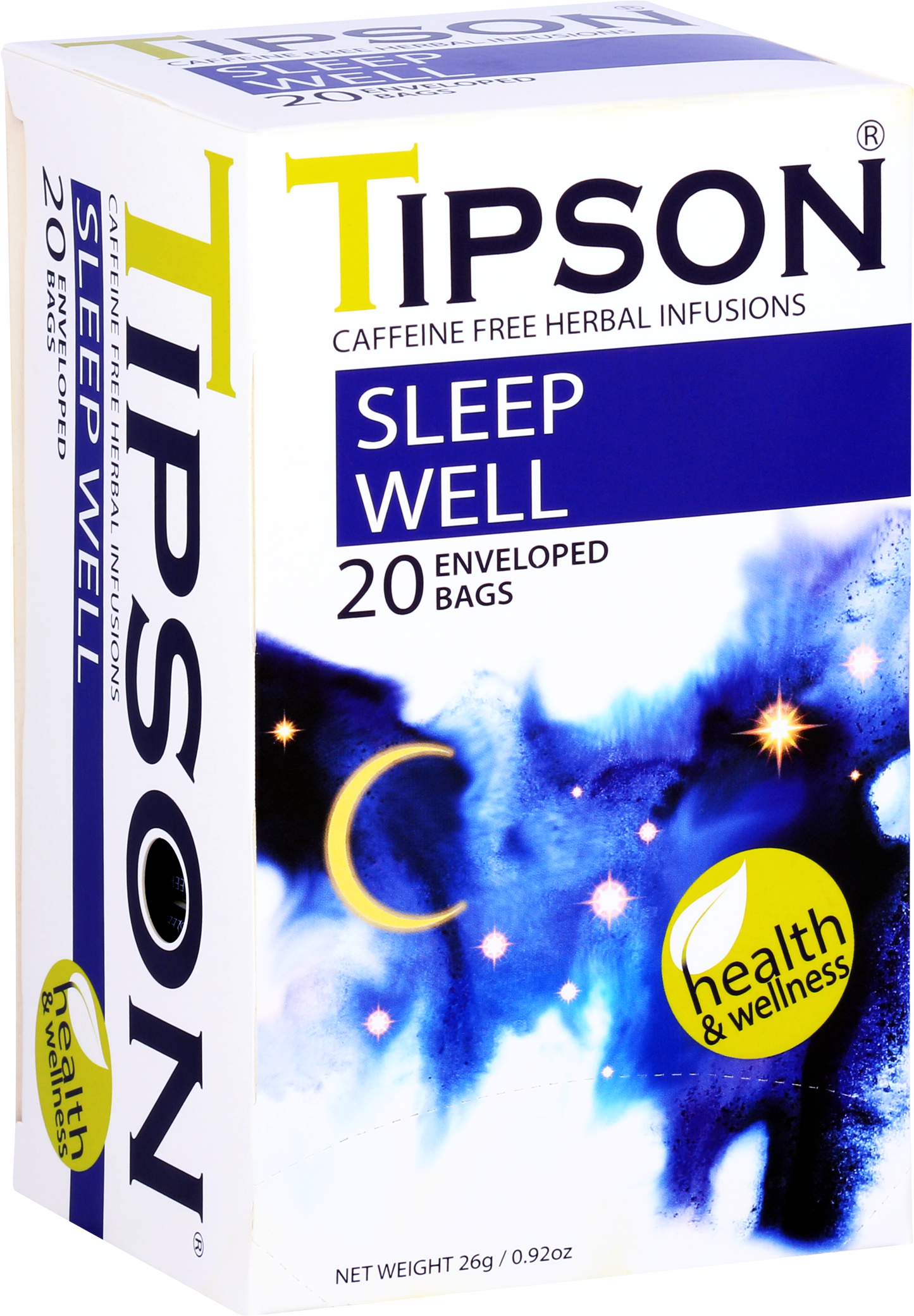 Opakowanie herbaty Tipson Sleep Well z nocnym motywem i logo Health & Wellness.