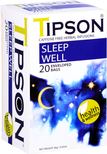 Opakowanie herbaty Tipson Sleep Well z nocnym motywem i logo Health & Wellness.