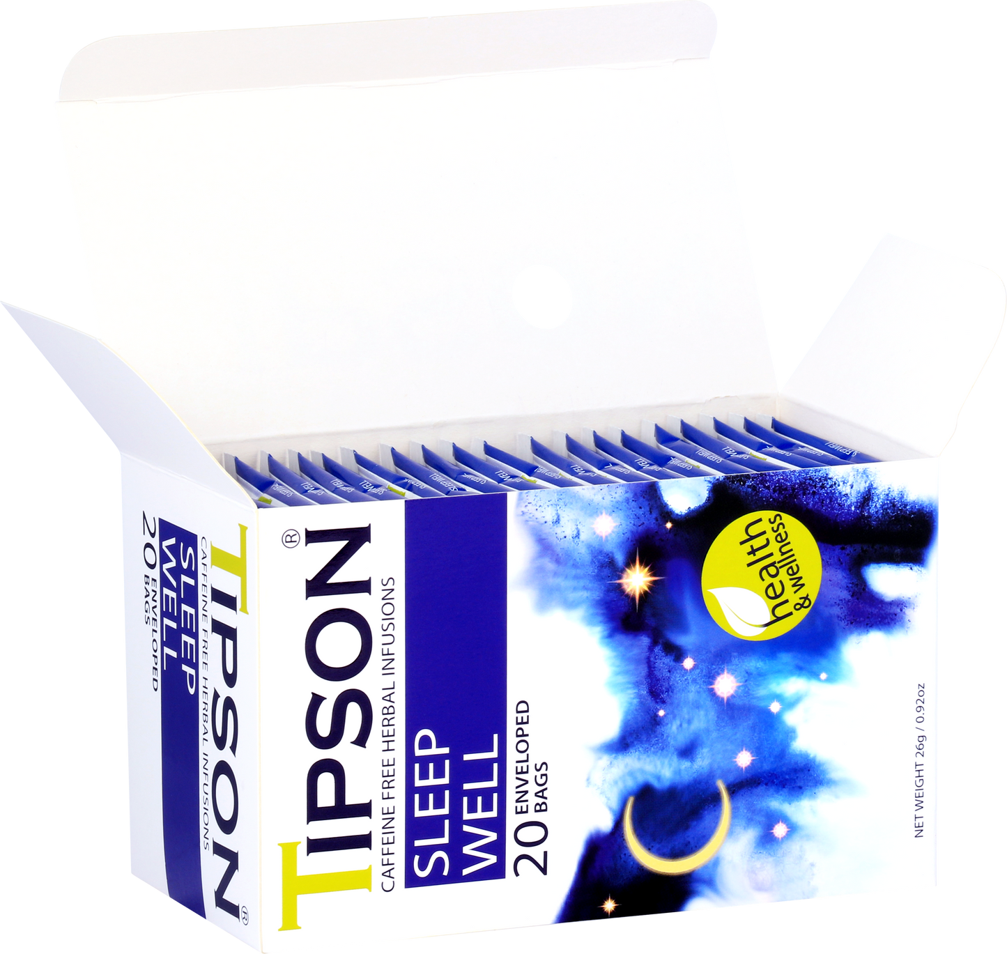 Otwarte pudełko z saszetkami herbaty Tipson Sleep Well do picia przed snem.