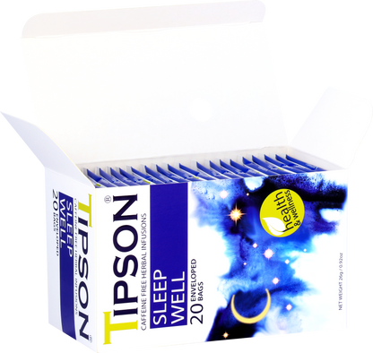 Otwarte pudełko z saszetkami herbaty Tipson Sleep Well do picia przed snem.