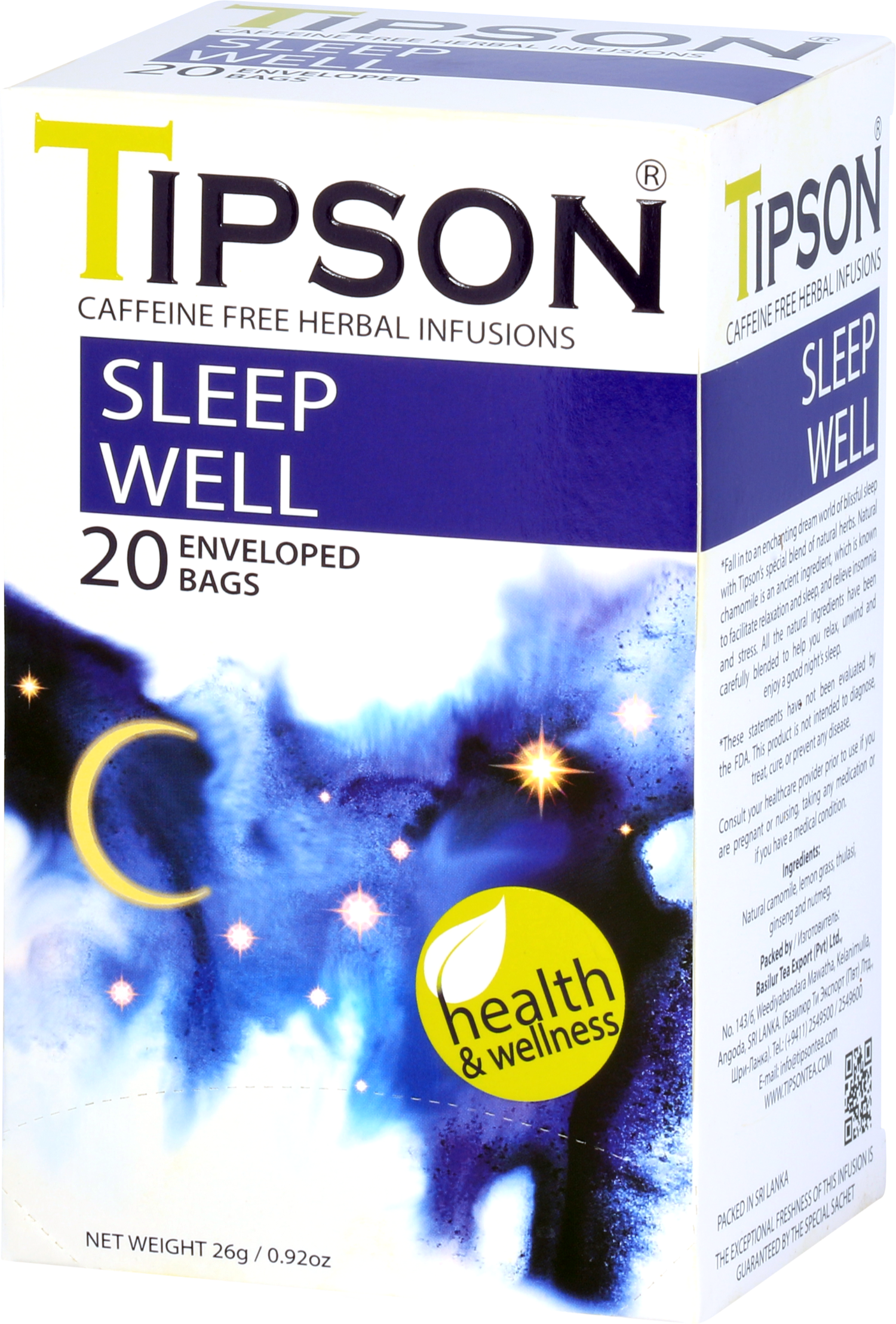 Bok opakowania herbaty Tipson Sleep Well – ziołowa mieszanka na spokojny sen.