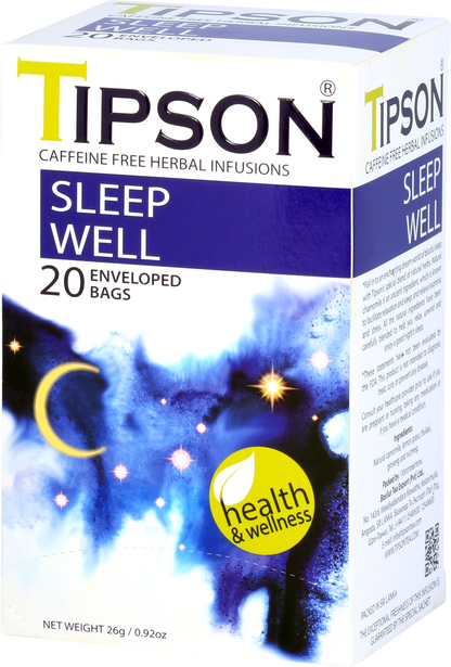 Bok opakowania herbaty Tipson Sleep Well – ziołowa mieszanka na spokojny sen.