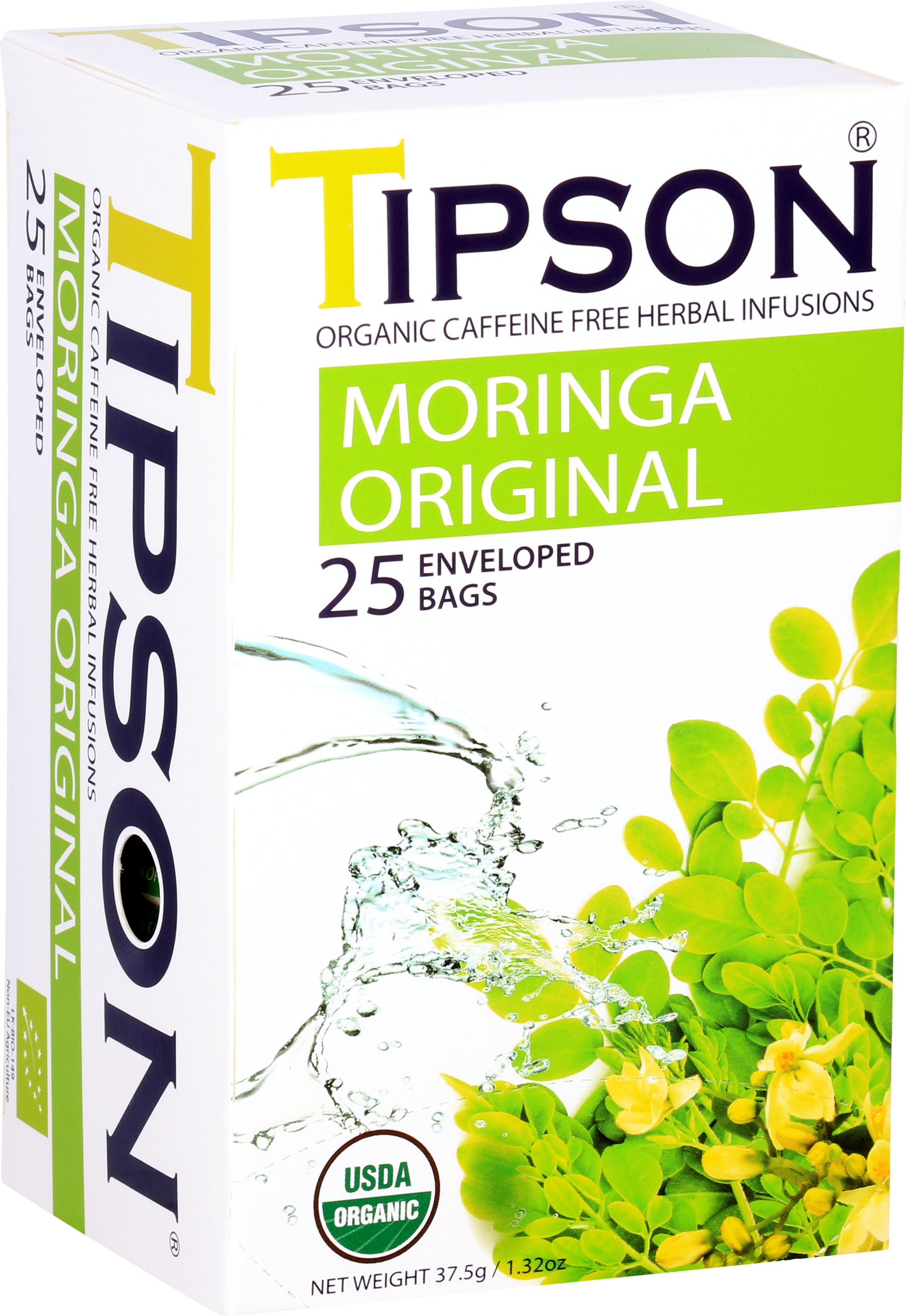 Boczny widok pudełka herbaty Tipson Moringa Original z opisem i certyfikatem ekologicznym.