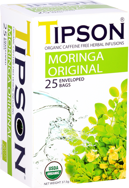 Boczny widok pudełka herbaty Tipson Moringa Original z opisem i certyfikatem ekologicznym.
