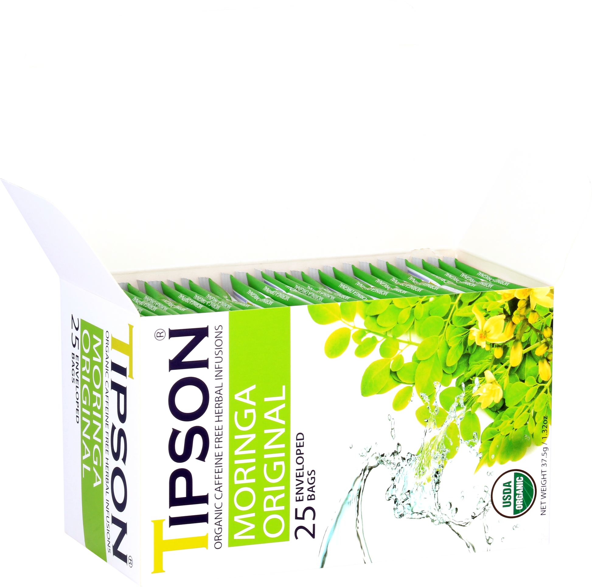 Otwarte pudełko herbaty Tipson Moringa Original z widocznymi saszetkami.