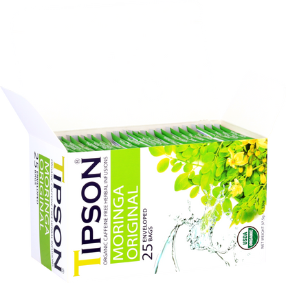 Otwarte pudełko herbaty Tipson Moringa Original z widocznymi saszetkami.