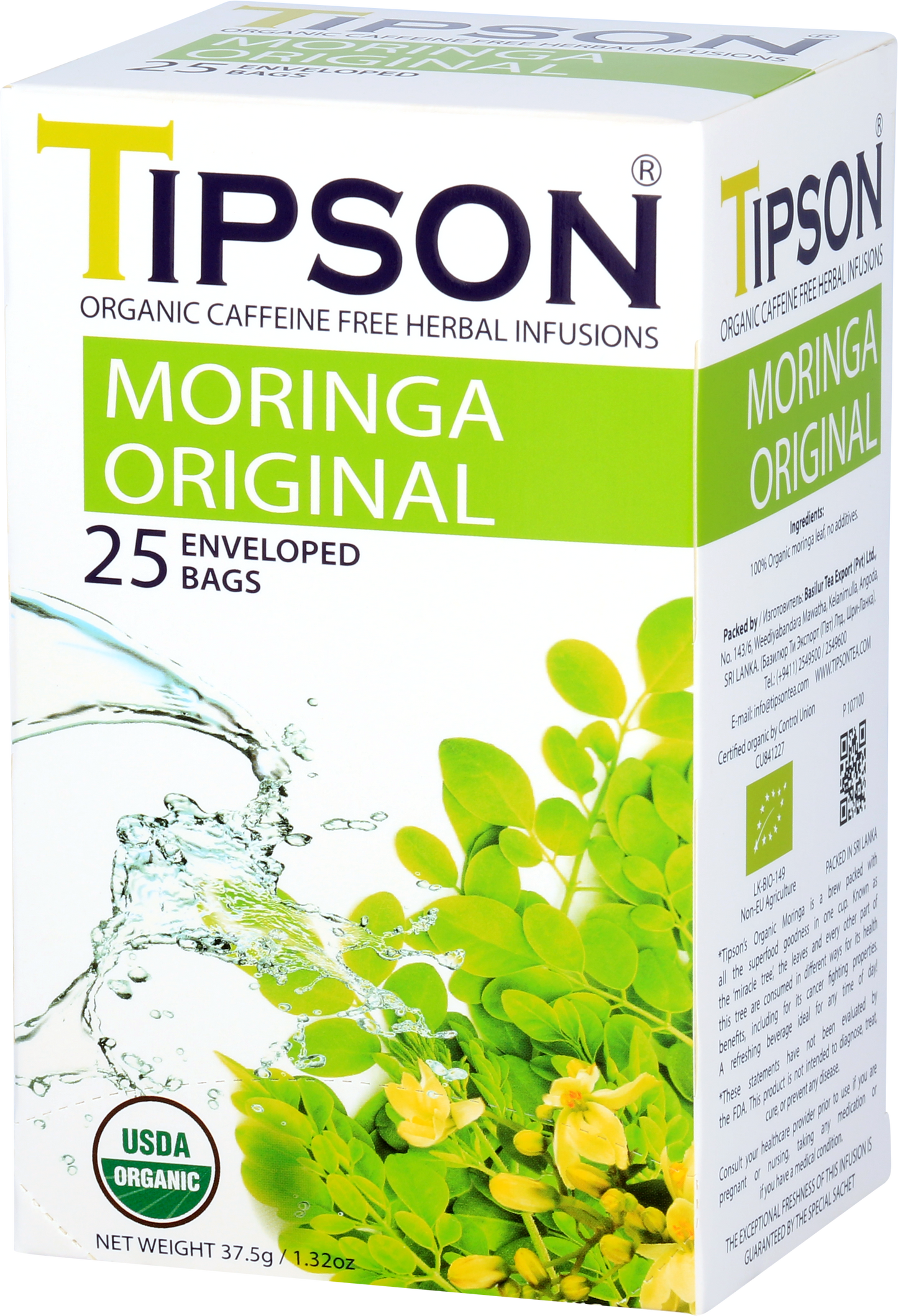 Przód opakowania herbaty Tipson Moringa Original z liśćmi moringi i symbolem USDA Organic.