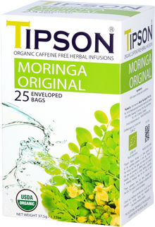 Przód opakowania herbaty Tipson Moringa Original z liśćmi moringi i symbolem USDA Organic.