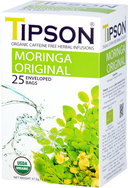 Przód opakowania herbaty Tipson Moringa Original z liśćmi moringi i symbolem USDA Organic.