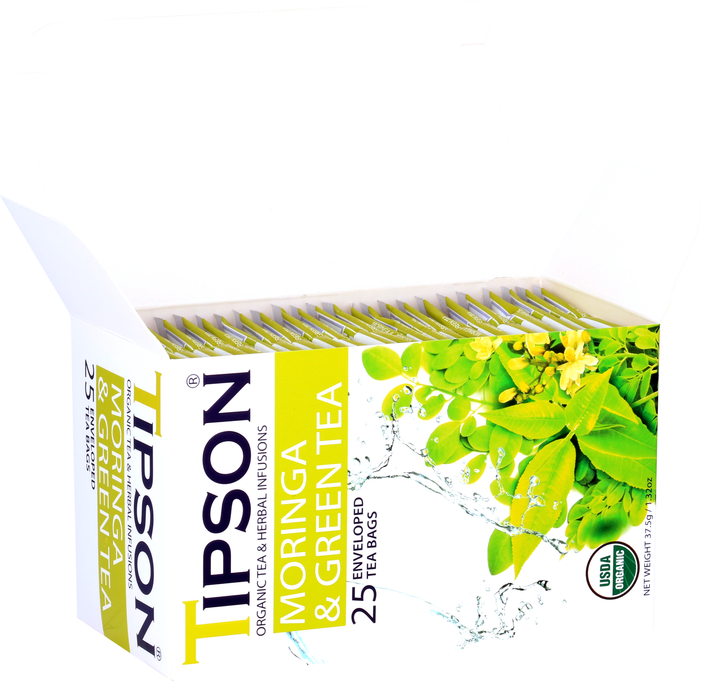 Otwarte pudełko herbaty Tipson Moringa & Green Tea z ułożonymi saszetkami herbaty.