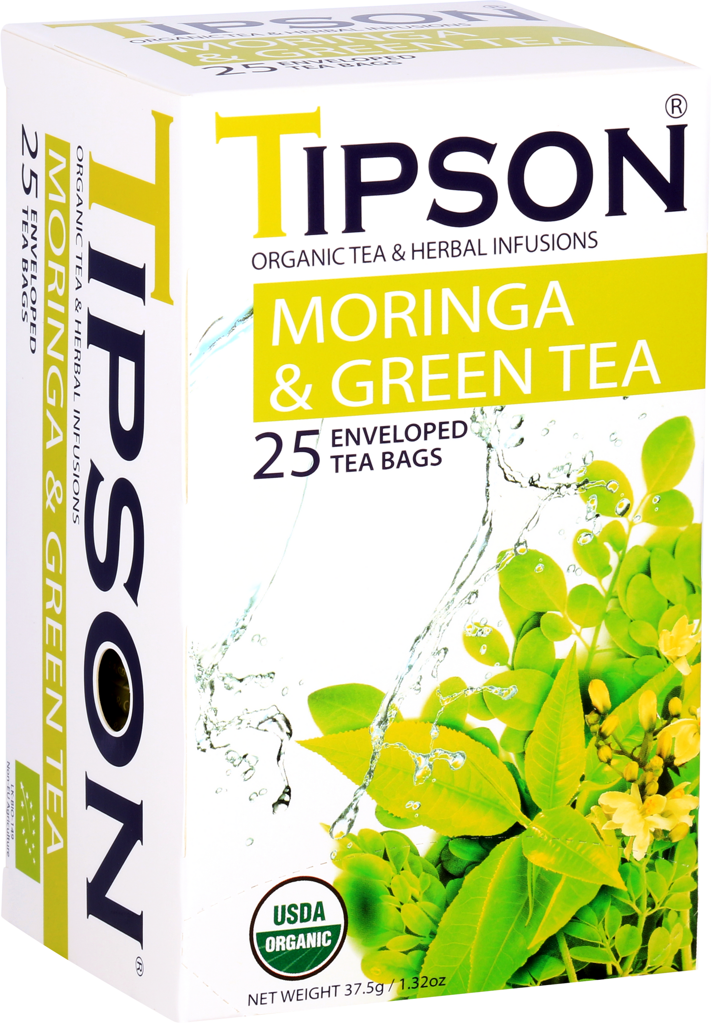 Opakowanie herbaty Tipson Moringa & Green Tea z widocznymi listkami moringi i zielonej herbaty.