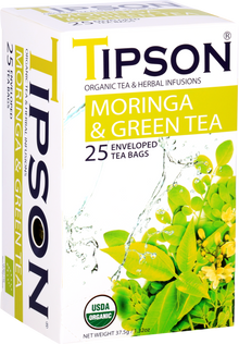 Opakowanie herbaty Tipson Moringa & Green Tea z widocznymi listkami moringi i zielonej herbaty.