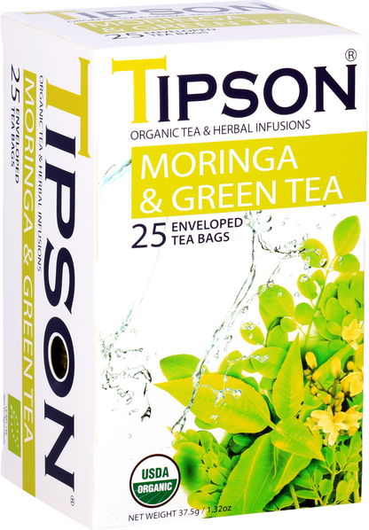 Opakowanie herbaty Tipson Moringa & Green Tea z widocznymi listkami moringi i zielonej herbaty.