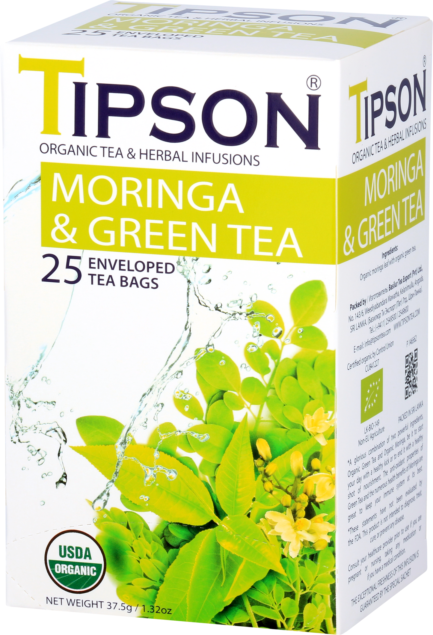 Przód pudełka herbaty Tipson Moringa & Green Tea z certyfikatem USDA Organic.