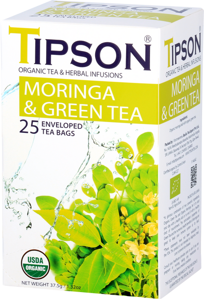 Przód pudełka herbaty Tipson Moringa & Green Tea z certyfikatem USDA Organic.