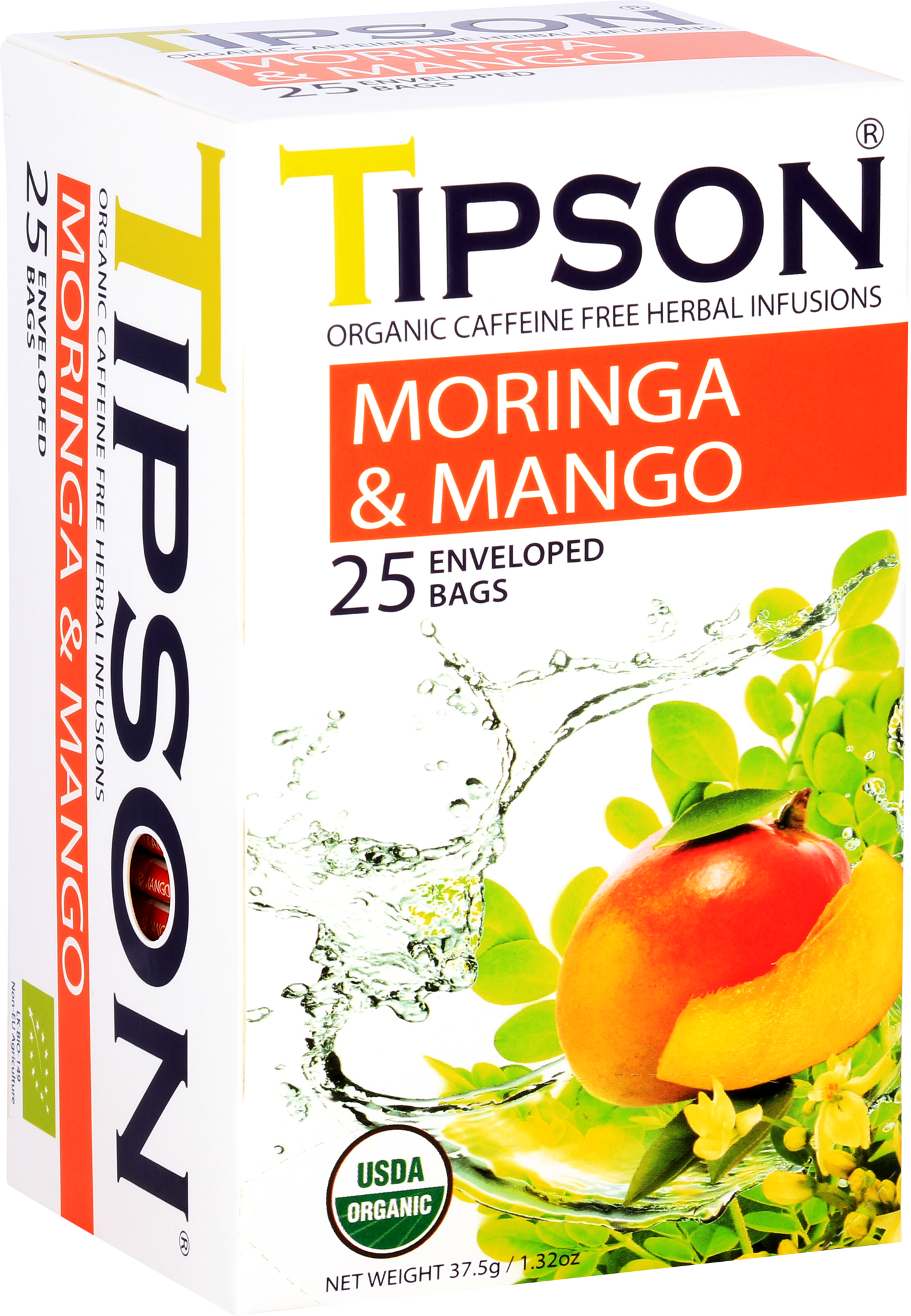 Przód opakowania herbaty Tipson Moringa & Mango z ilustracją owocu mango i liści moringi.