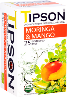 Przód opakowania herbaty Tipson Moringa & Mango z ilustracją owocu mango i liści moringi.