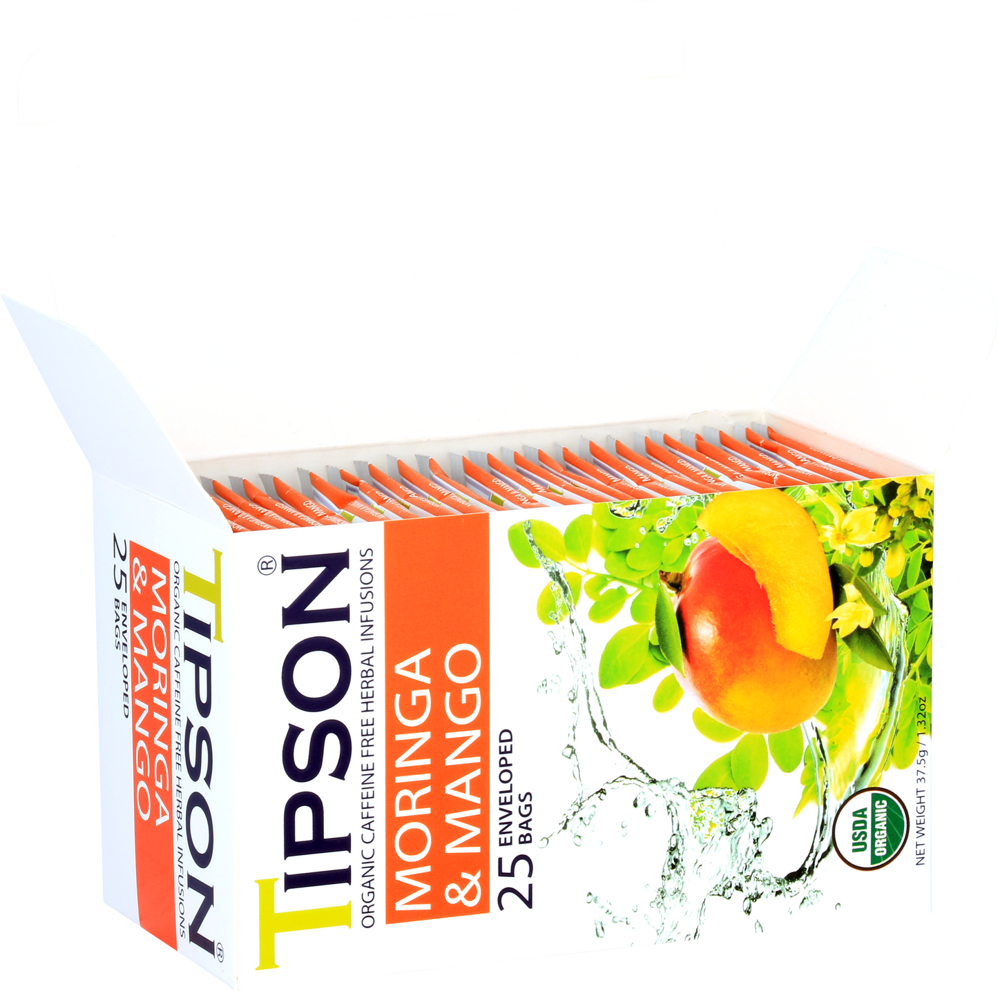 Otwarte pudełko herbaty Tipson Moringa & Mango z widocznymi saszetkami.