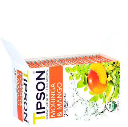 Otwarte pudełko herbaty Tipson Moringa & Mango z widocznymi saszetkami.